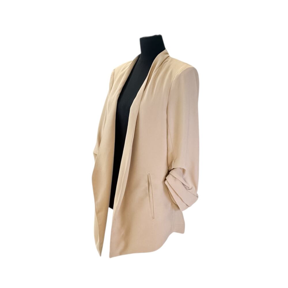 Rachel Zoe Tan Open Front Ruched Sleeve Shawl Collar Blazer Womens Large - Picture 5 of 11